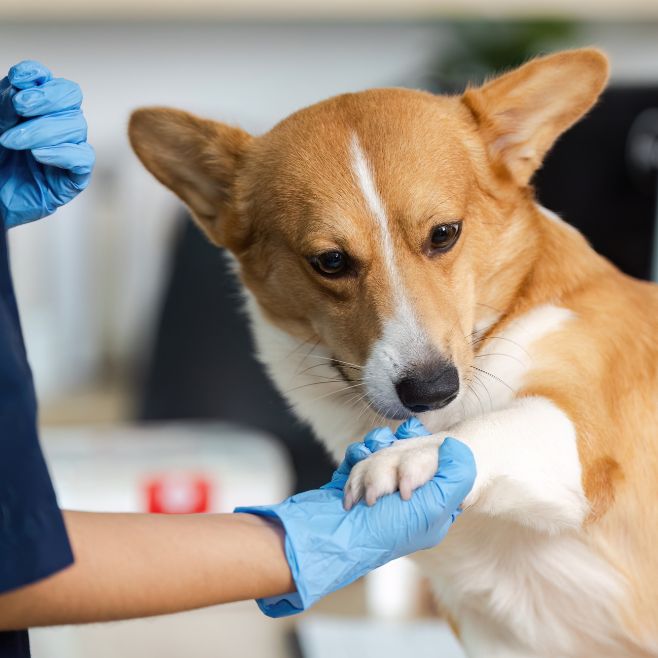 Corgi veterinarian examining paw Corgi veterinarian examining paw